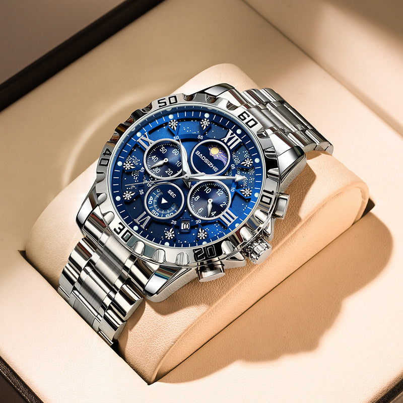 BAOSIZHE Moon Phase Watch Blue Starry Dial - Clean Black Background