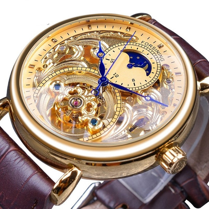 FORSINING Moon Phase Skeleton Watch - Clean Golden Background