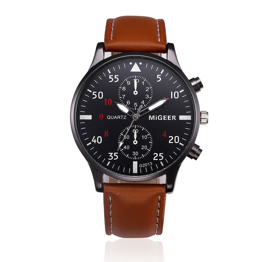 MiGEER Aviator Watch Brown Strap - 3D Close-up Black Background