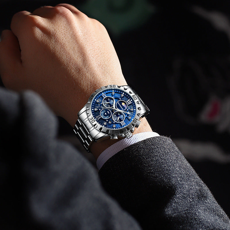 BAOSIZHE Moon Phase Watch Blue Starry Dial - Clean Black Background