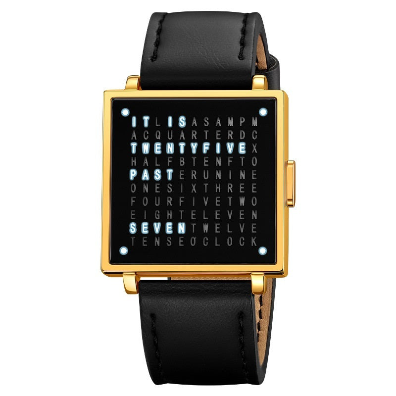 Gold Word Clock Watch - Clean Black Background
