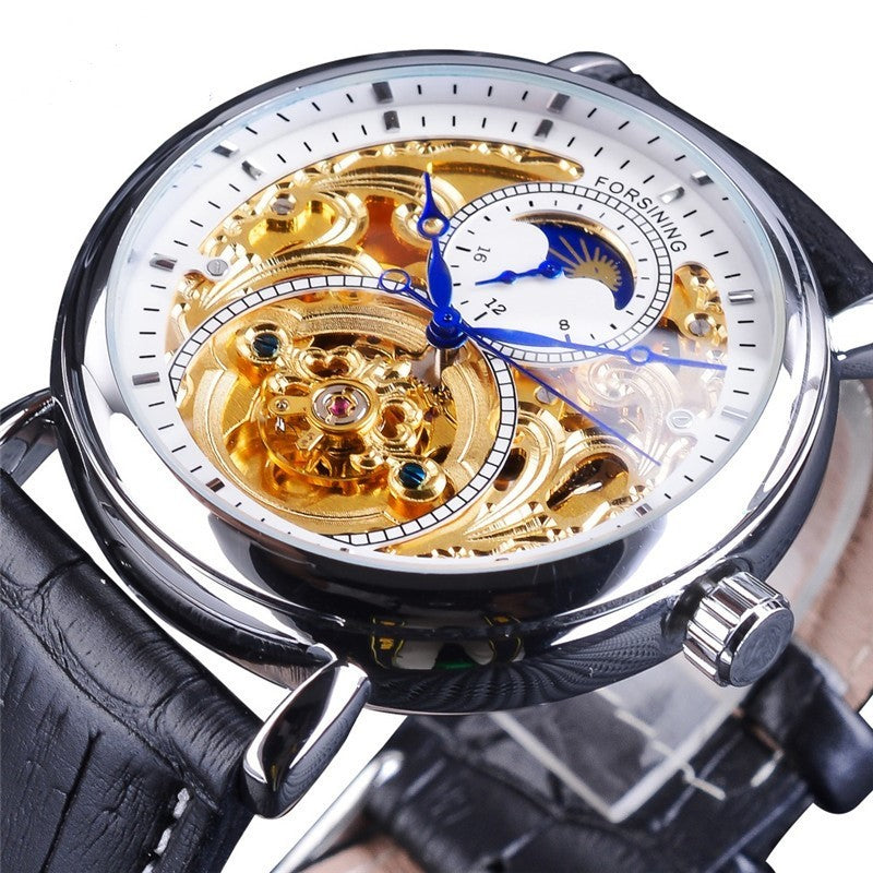 FORSINING Moon Phase Skeleton Watch - Clean Black Background
