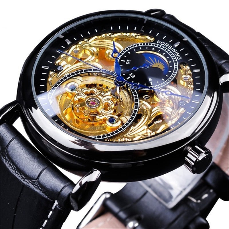FORSINING Moon Phase Skeleton Watch - Clean Black Background