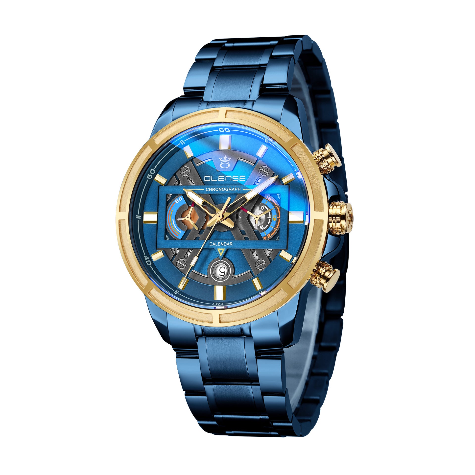 Two-tone chronograph watch with blue background