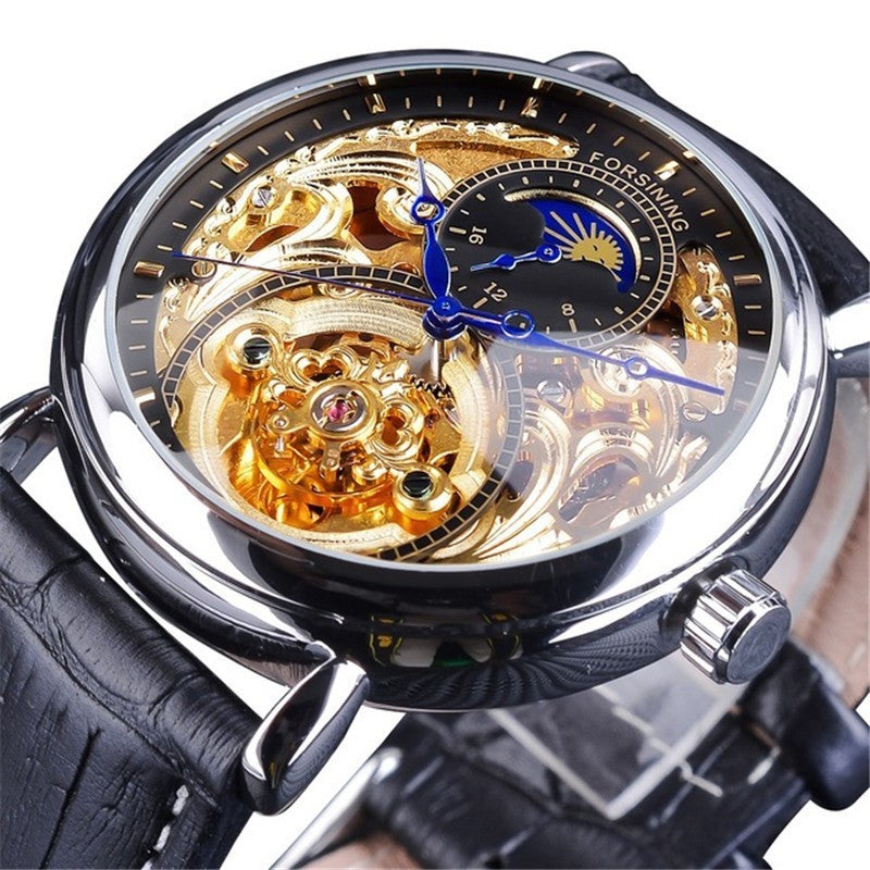 FORSINING Moon Phase Skeleton Watch - Clean Black Background