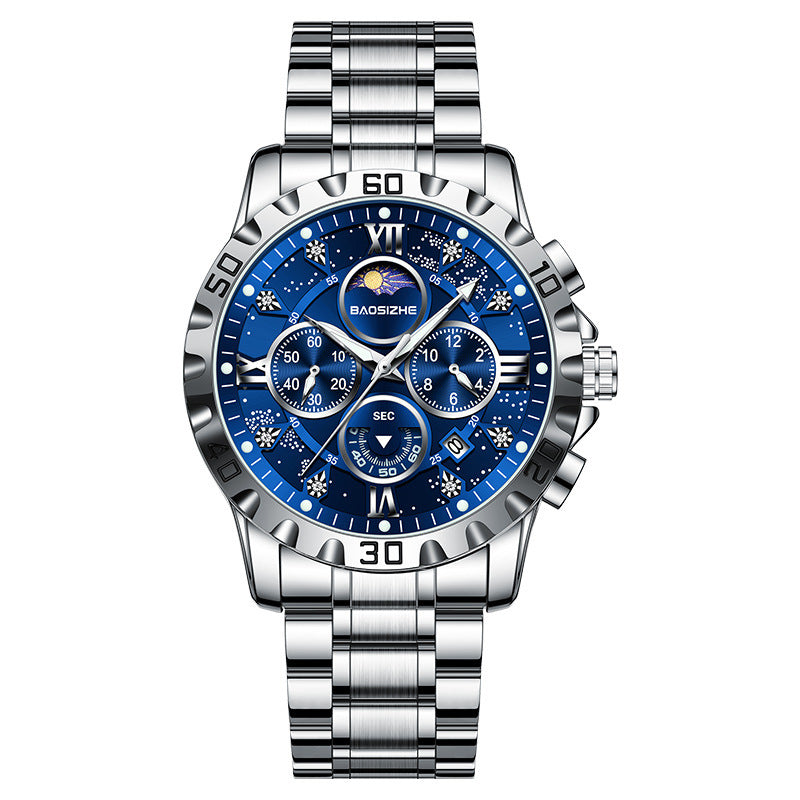 BAOSIZHE Moon Phase Watch Blue Starry Dial - Clean Silver Background