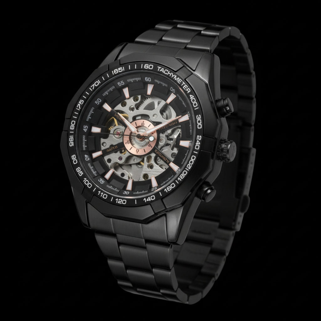 Black skeleton watch with black background