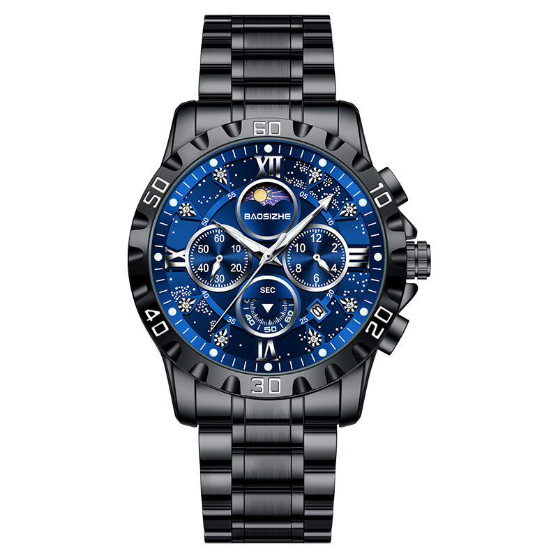 BAOSIZHE Moon Phase Watch Blue Starry Dial - Clean Black Background