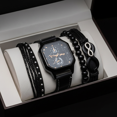 Men's Watch and Bracelet Gift Set - Clean Black Background