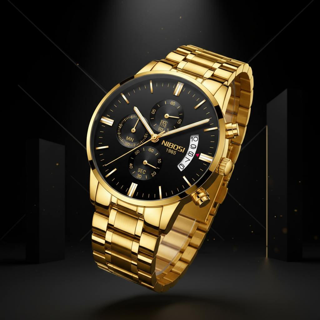 NIBOSI Gold Watch Black Dial - 3D Black Background
