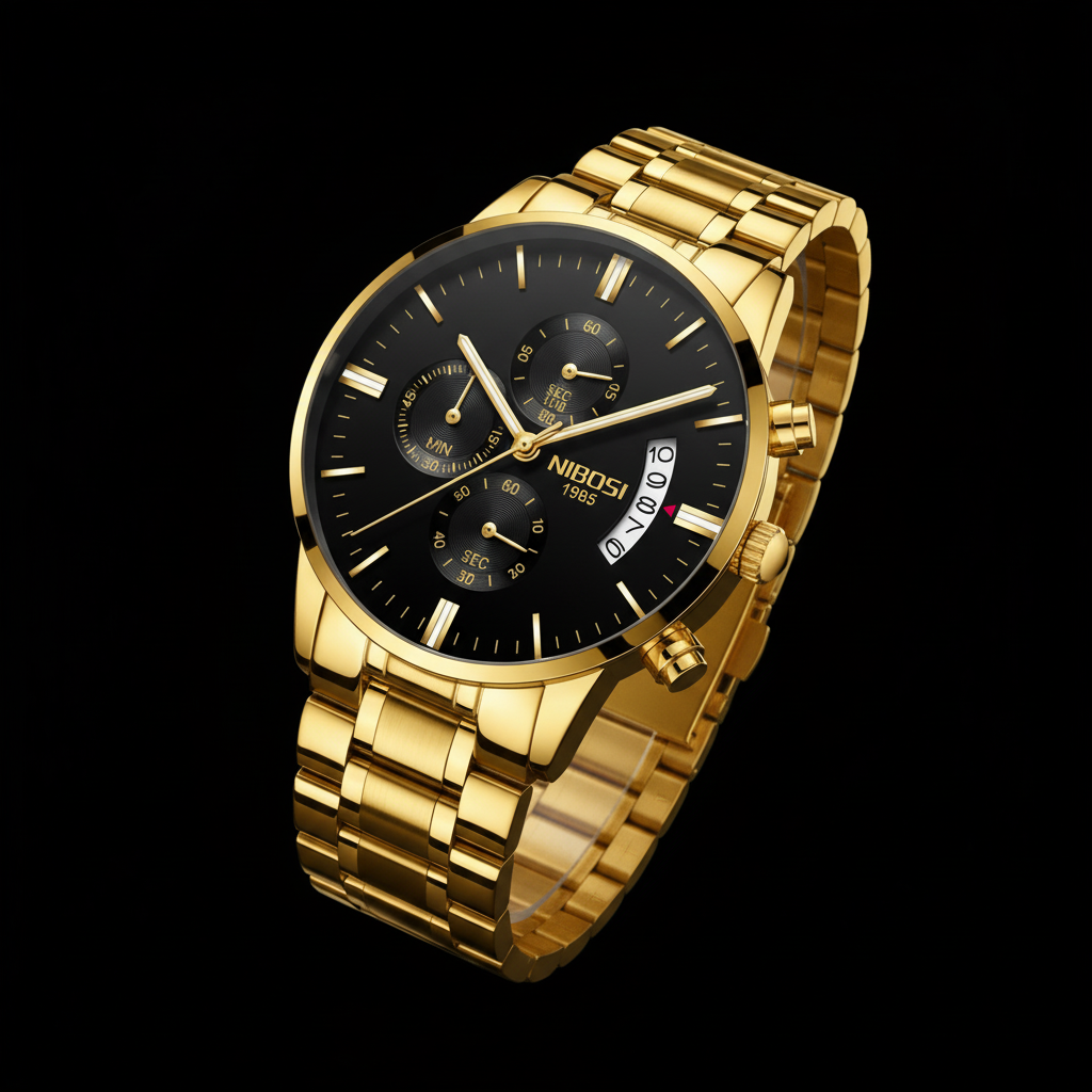 NIBOSI Gold Watch - Clean Black Background