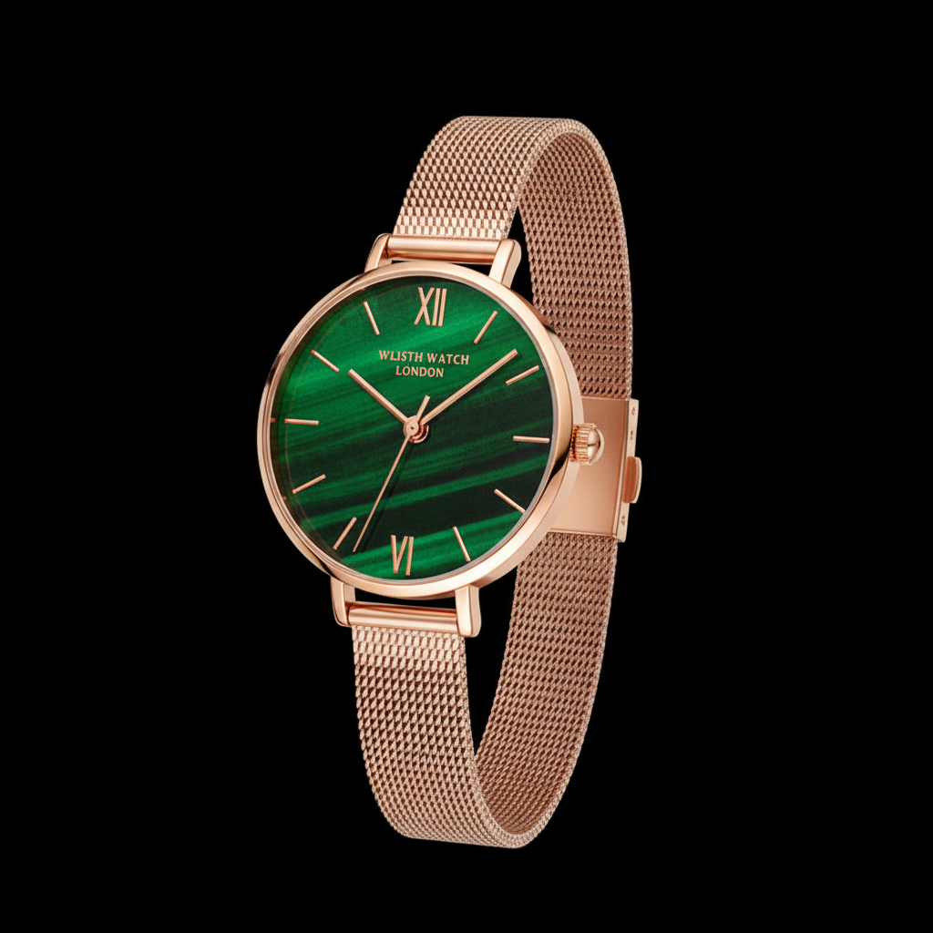 Rose Gold Green Dial Watch - 3D Close-up Black Background