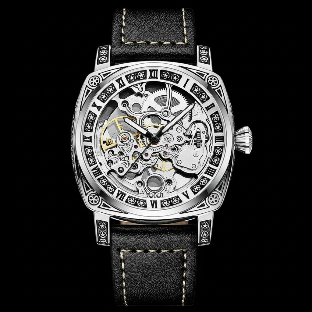 Silver skeleton watch 3D render with black background