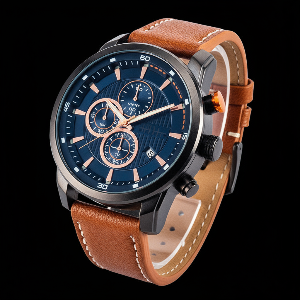 Sport Chronograph Blue Dial Brown Leather - 3D Close-up Black Background