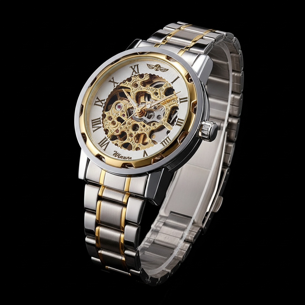 WINNER Two-Tone Skeleton Watch - Clean Black Background